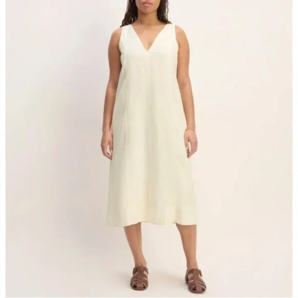 NEW Everlane The Linen V-Neck Midi Dress Womens 2 Bone - Picture 1 of 12